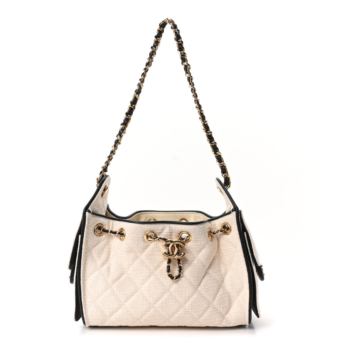 Canvas Calfskin Quilted Mini Chanel 25 Handbag Ecru Black