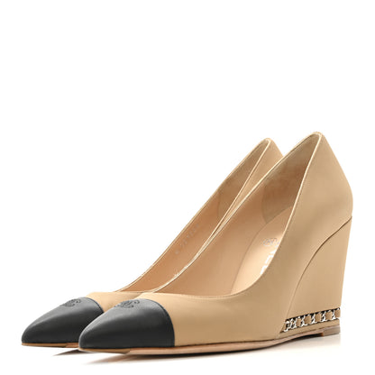 Chanel Calfskin Cap Toe Chain Wedge Pumps 36 Marron Clair Black 4 of 13