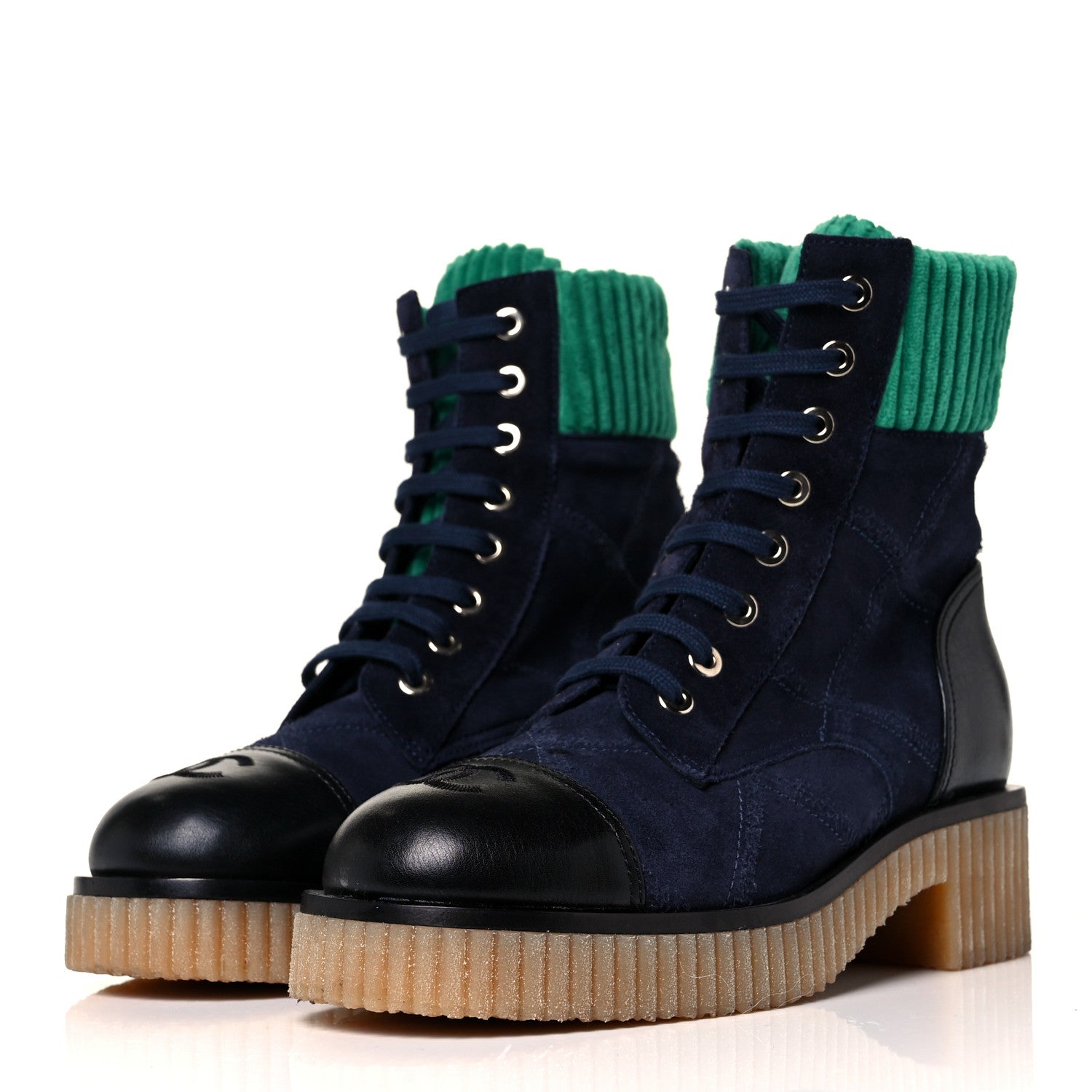 Chanel Suede Calfskin Velvet Quilted CC Combat Boots 36 Navy Green Black 3 of 6