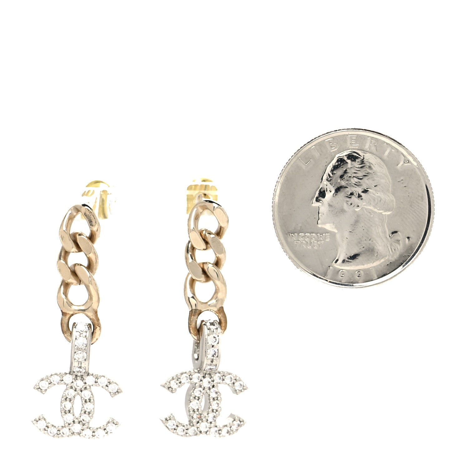 Chanel Metal Crystal CC Chain Drop Earrings Gold 2 of 3