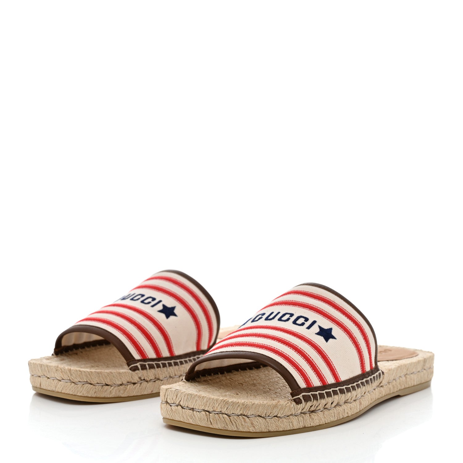 Gucci Canvas Miro Soft Calfskin Striped Mens Espadrille Flat Slide Sandals 10 Greggio Brown Sugar 3 of 9