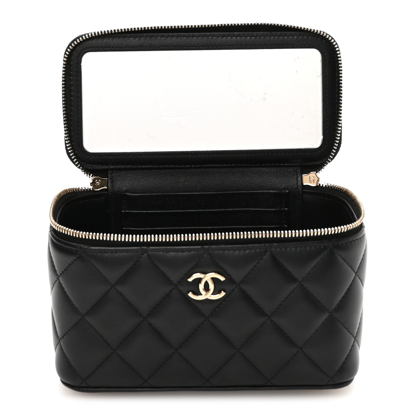 Lambskin Quilted Small Top Handle Vanity Case With Chain Black