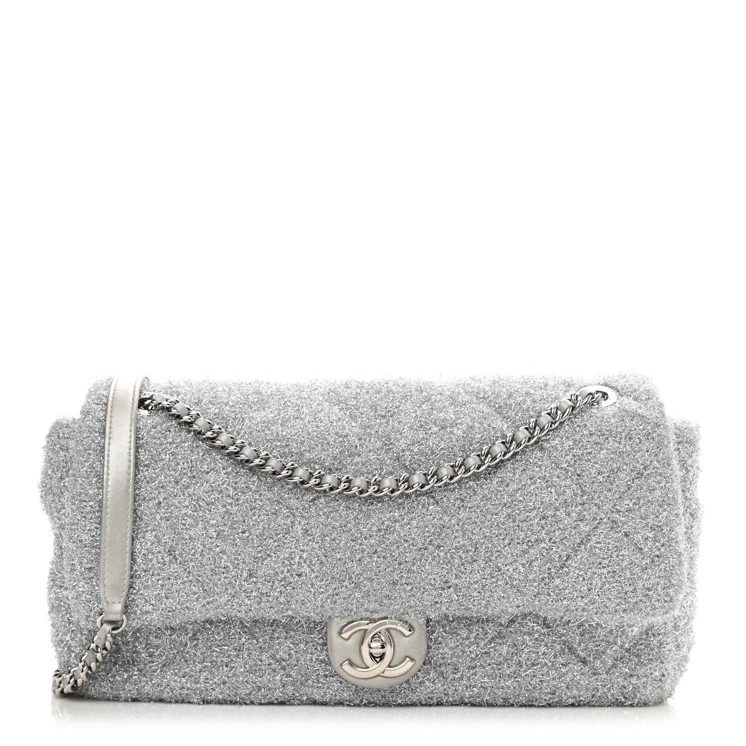 Chanel Lurex Knit Large Pluto Glitter Flap Silver 1 of 8