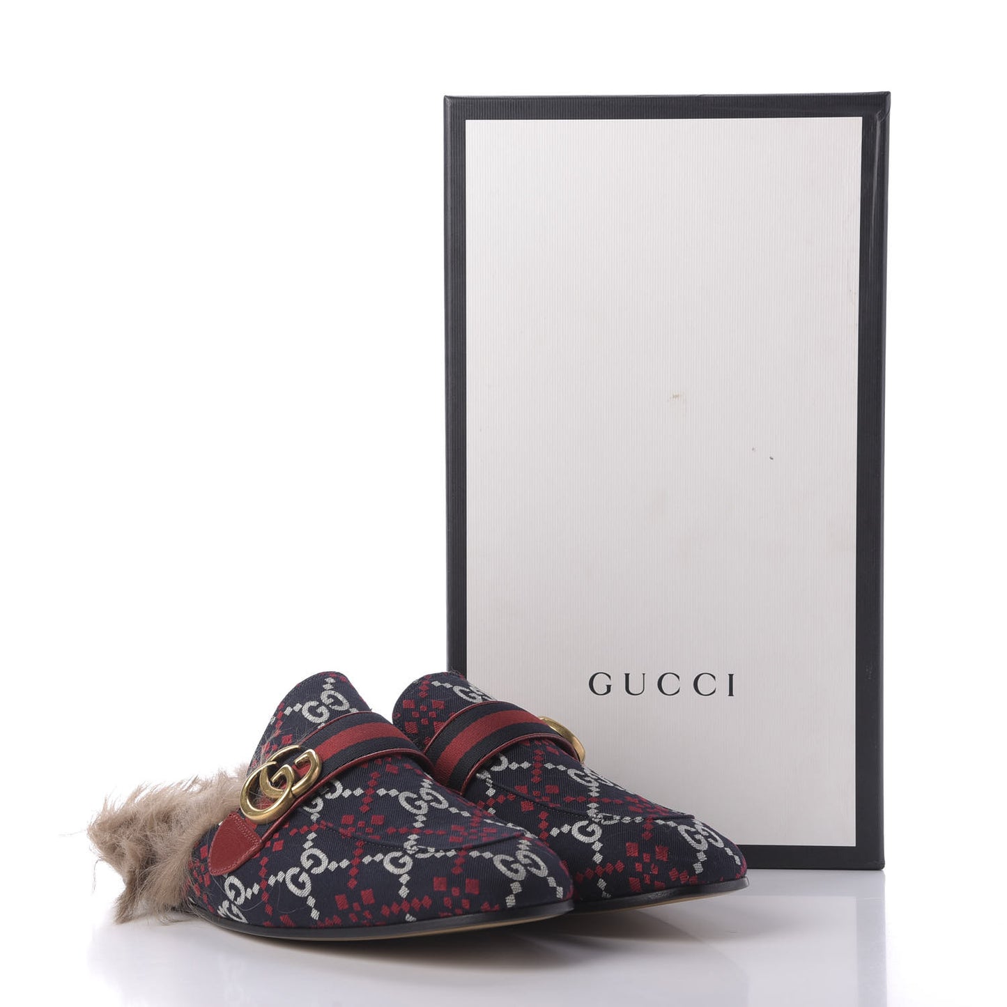 Canvas GG Monogram Diamond Fur Web GG Mens Princetown Slippers 8 Midnight Blue Hibiscus Red