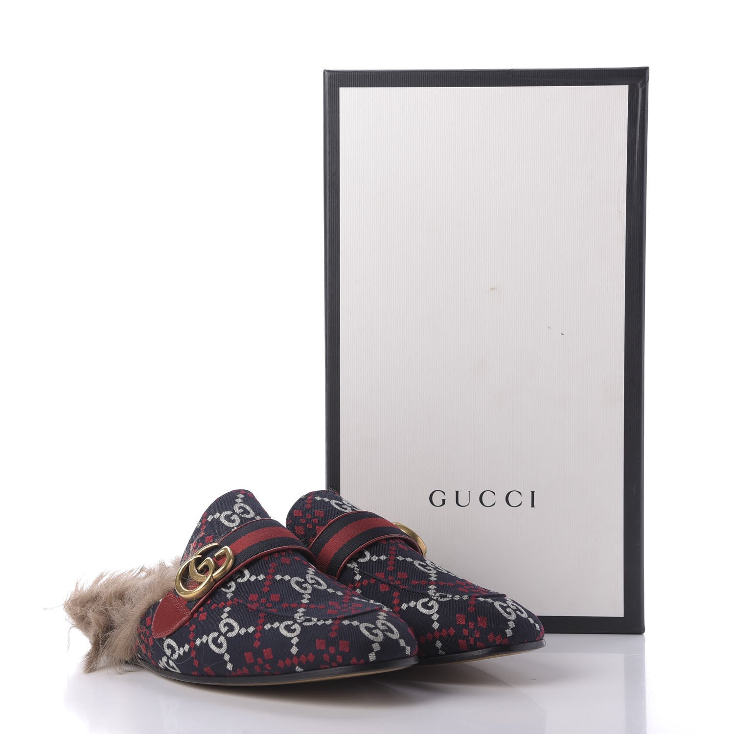 Gucci Canvas GG Monogram Diamond Fur Web GG Mens Princetown Slippers 8 Midnight Blue Hibiscus Red 9 of 9