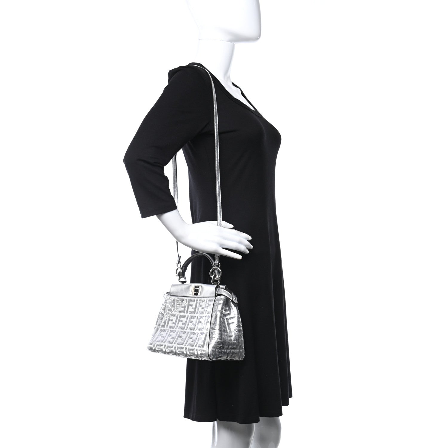 Fendi Vitello Catalan Mirror Sequin FF 1974 Embroidered Mini Peekaboo Iconic Satchel Argento 2 of 8