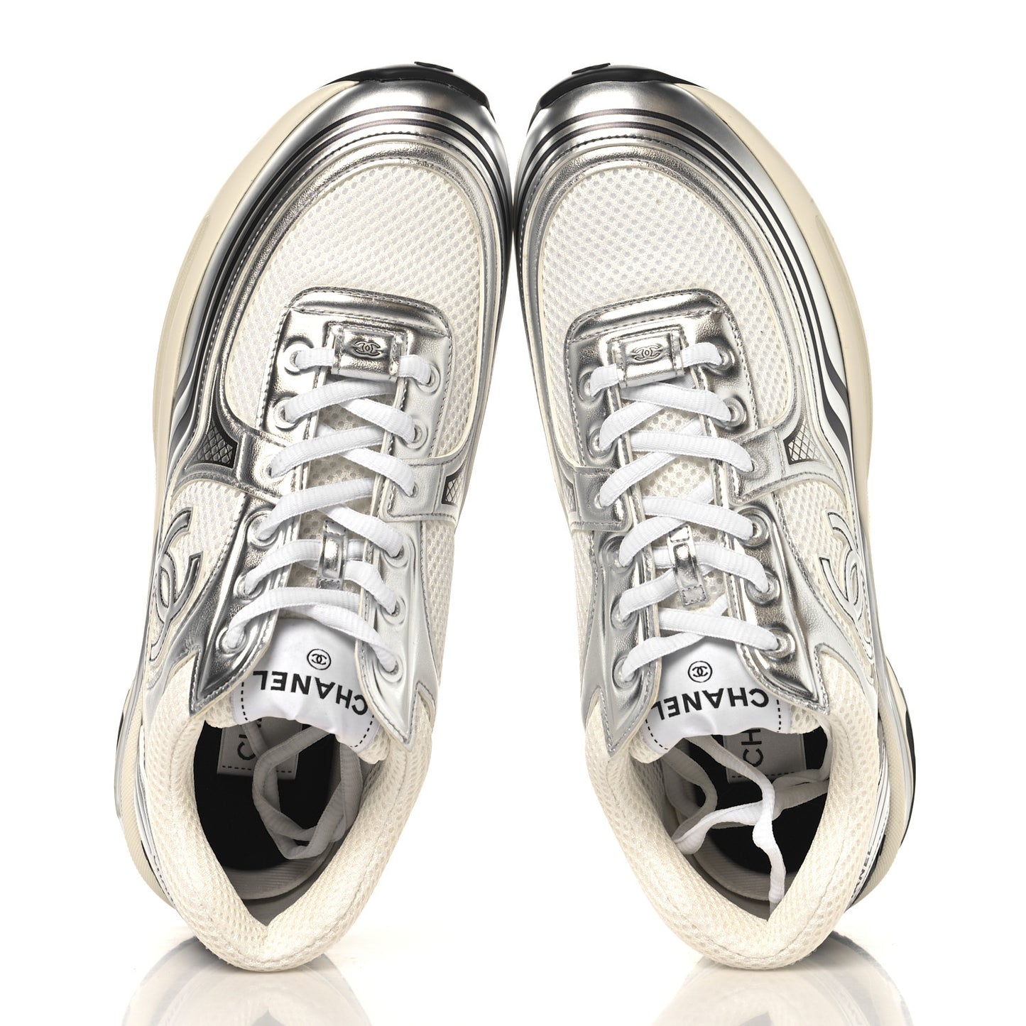 Fabric Laminated Calfskin Stretch CC Womens Sneakers 39.5 White Silver