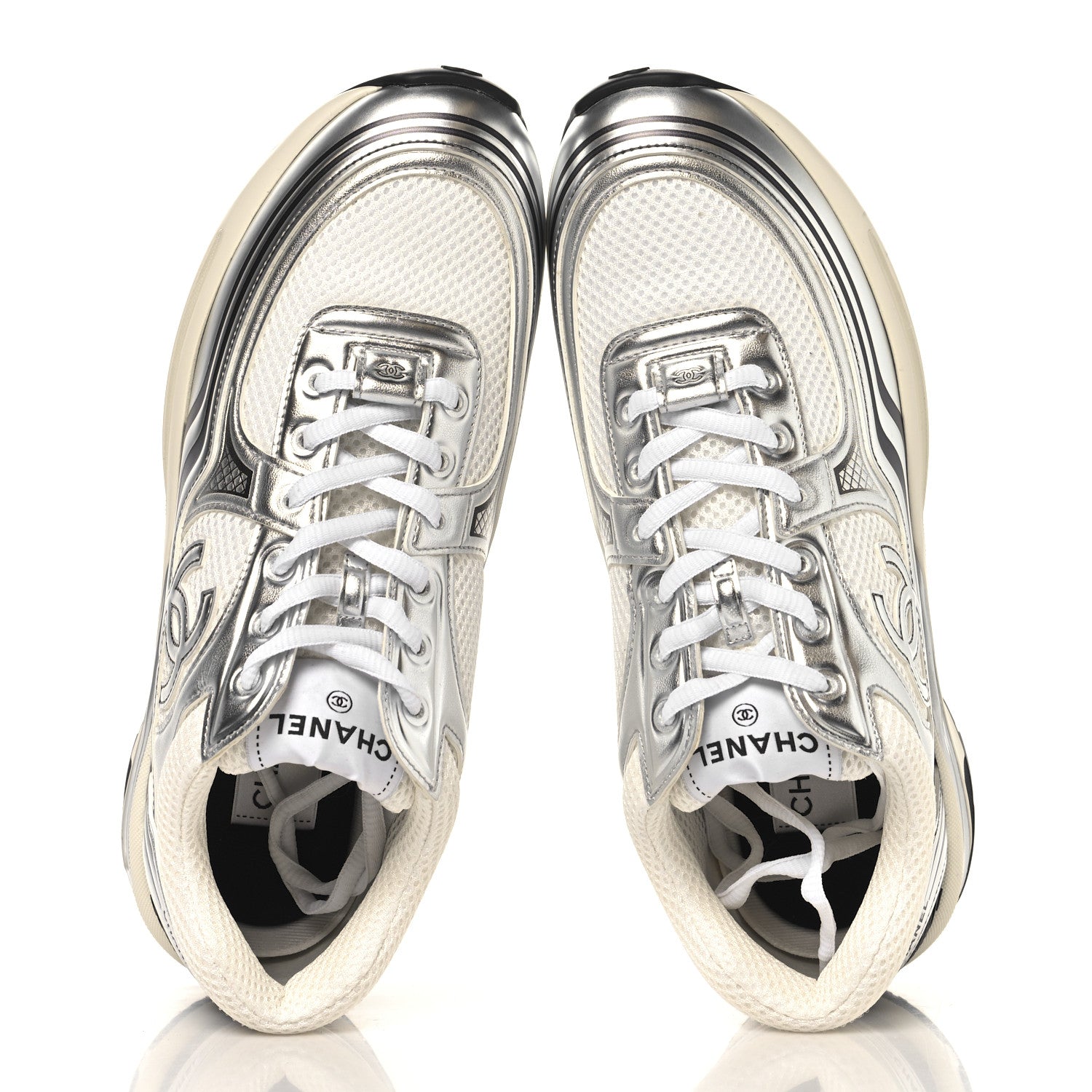 Chanel Fabric Laminated Calfskin Stretch CC Womens Sneakers 39.5 White Silver 2 of 10