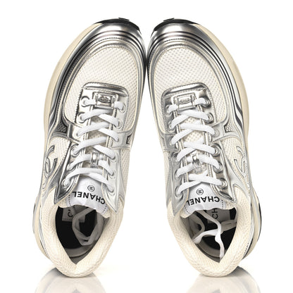 Chanel Fabric Laminated Calfskin Stretch CC Womens Sneakers 39.5 White Silver 2 of 10