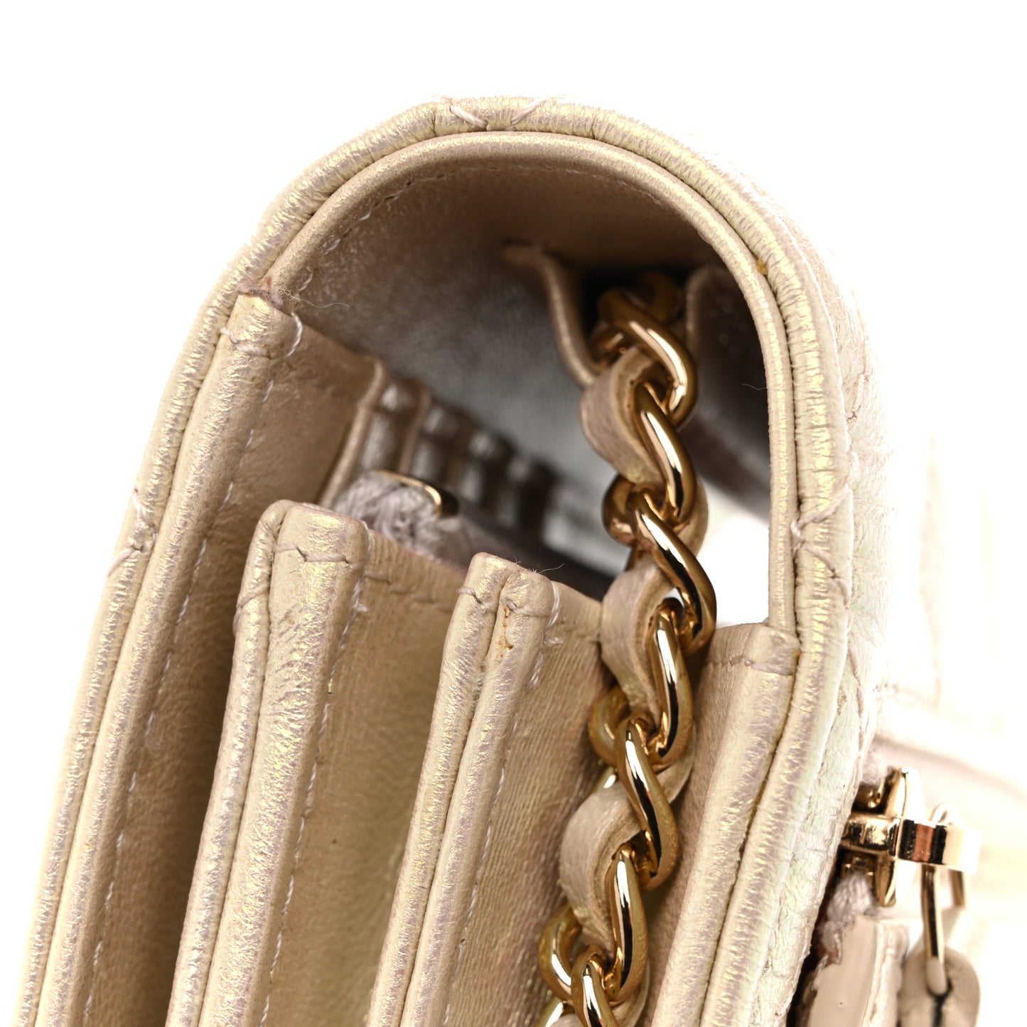 Iridescent Lambskin Quilted Mini Wallet On Chain WOC Ivory