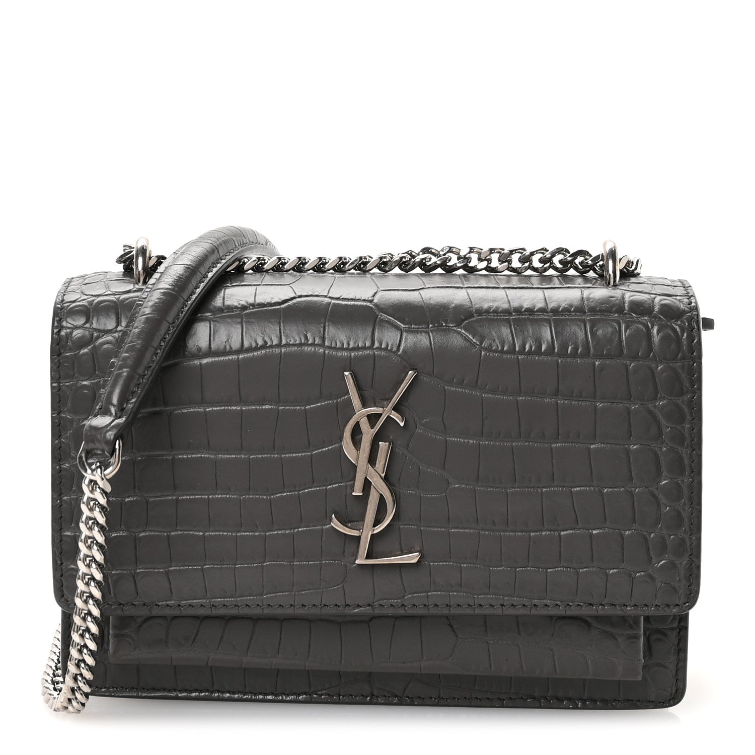 Saint Laurent Calfskin Crocodile Embossed Monogram Sunset Chain Wallet Asphalt 1 of 12