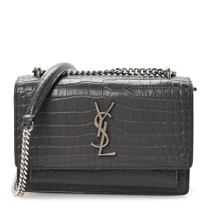 Saint Laurent Calfskin Crocodile Embossed Monogram Sunset Chain Wallet Asphalt 1 of 12