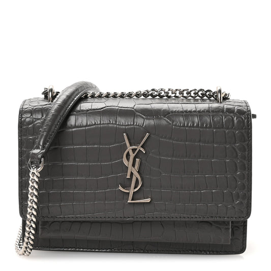 Calfskin Crocodile Embossed Monogram Sunset Chain Wallet Asphalt