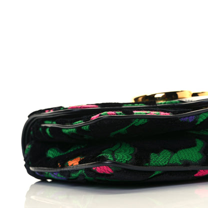 Gucci Velvet Jacquard Floral Embroidered Small Arli Flap Shoulder Bag Black Green Multicolor 20 of 27