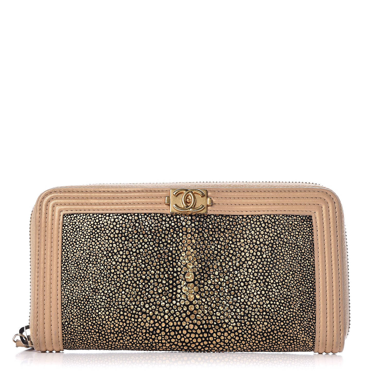 Metallic Galuchat Stingray Lambskin Boy Zip Around Wallet Gold
