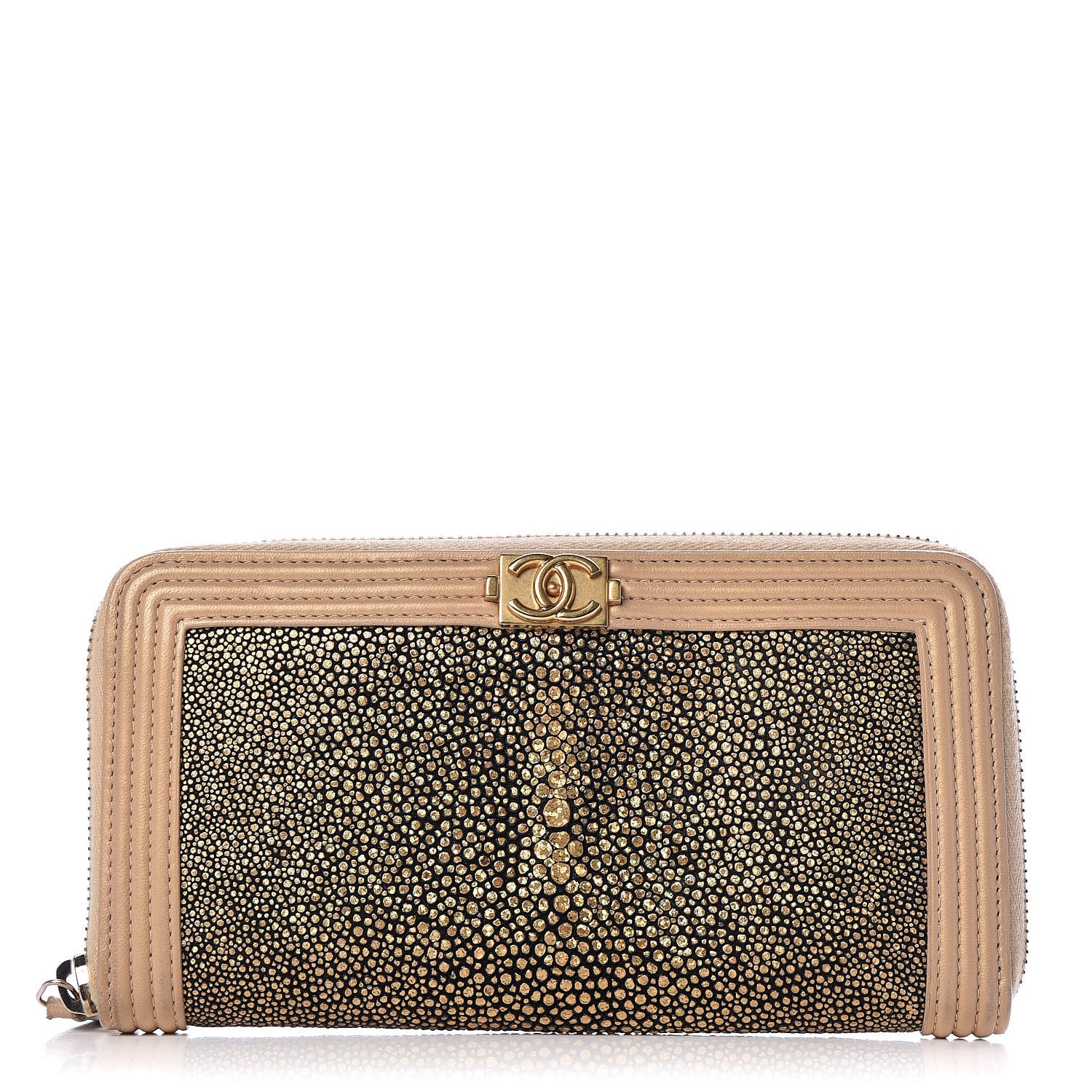 Chanel Metallic Galuchat Stingray Lambskin Boy Zip Around Wallet Gold 1 of 11