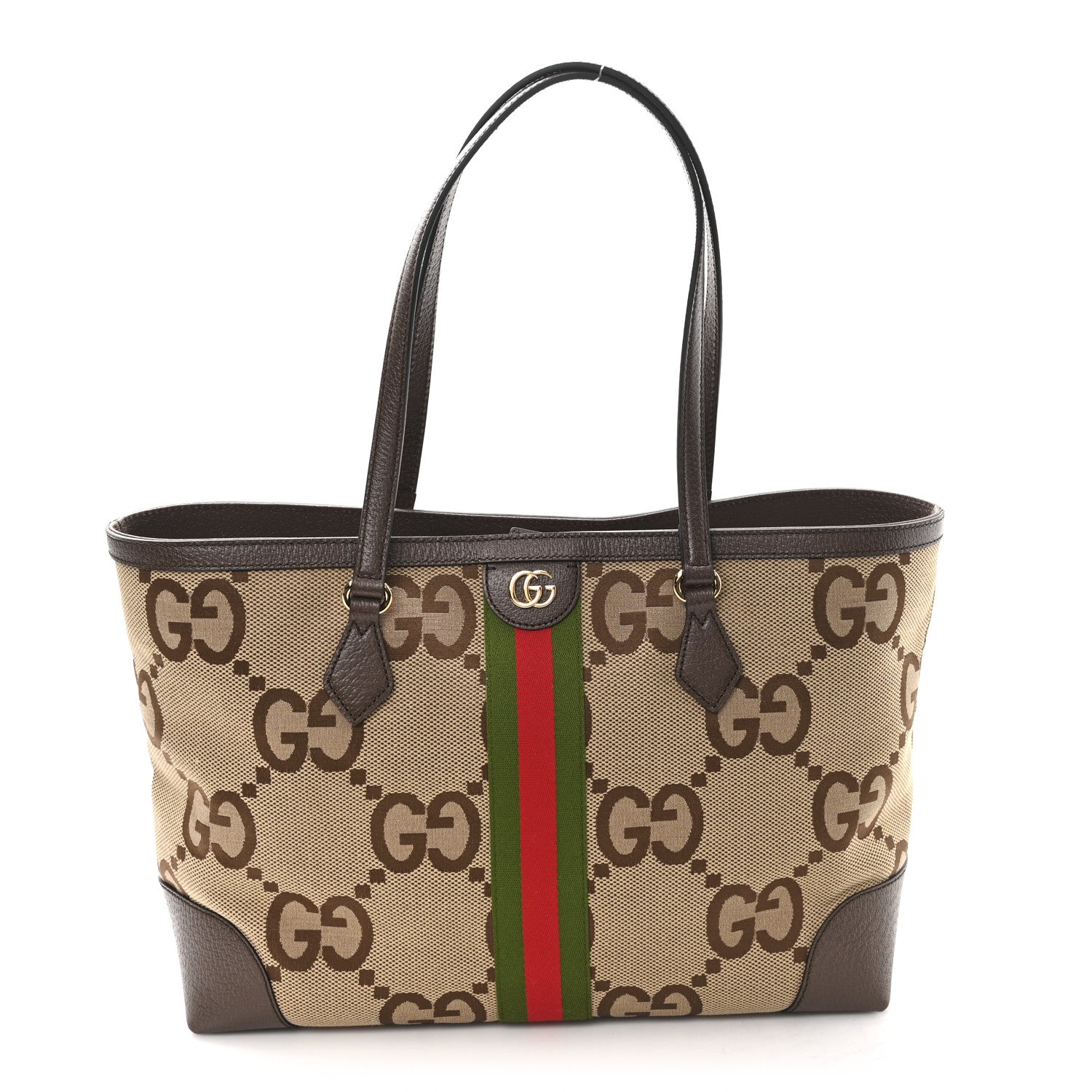 Gucci Monogram Jumbo GG Textured Dollar Calfskin Web Medium Ophidia Shopping Tote Camel Ebony 1 of 9
