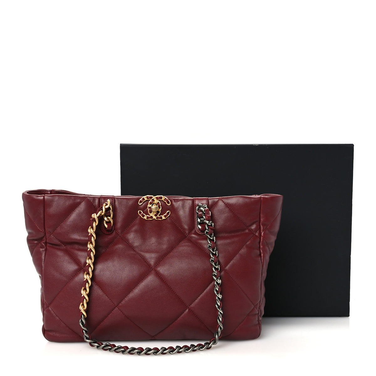 Lambskin Quilted Chanel 19 East West Shopping Bag Dark Brown