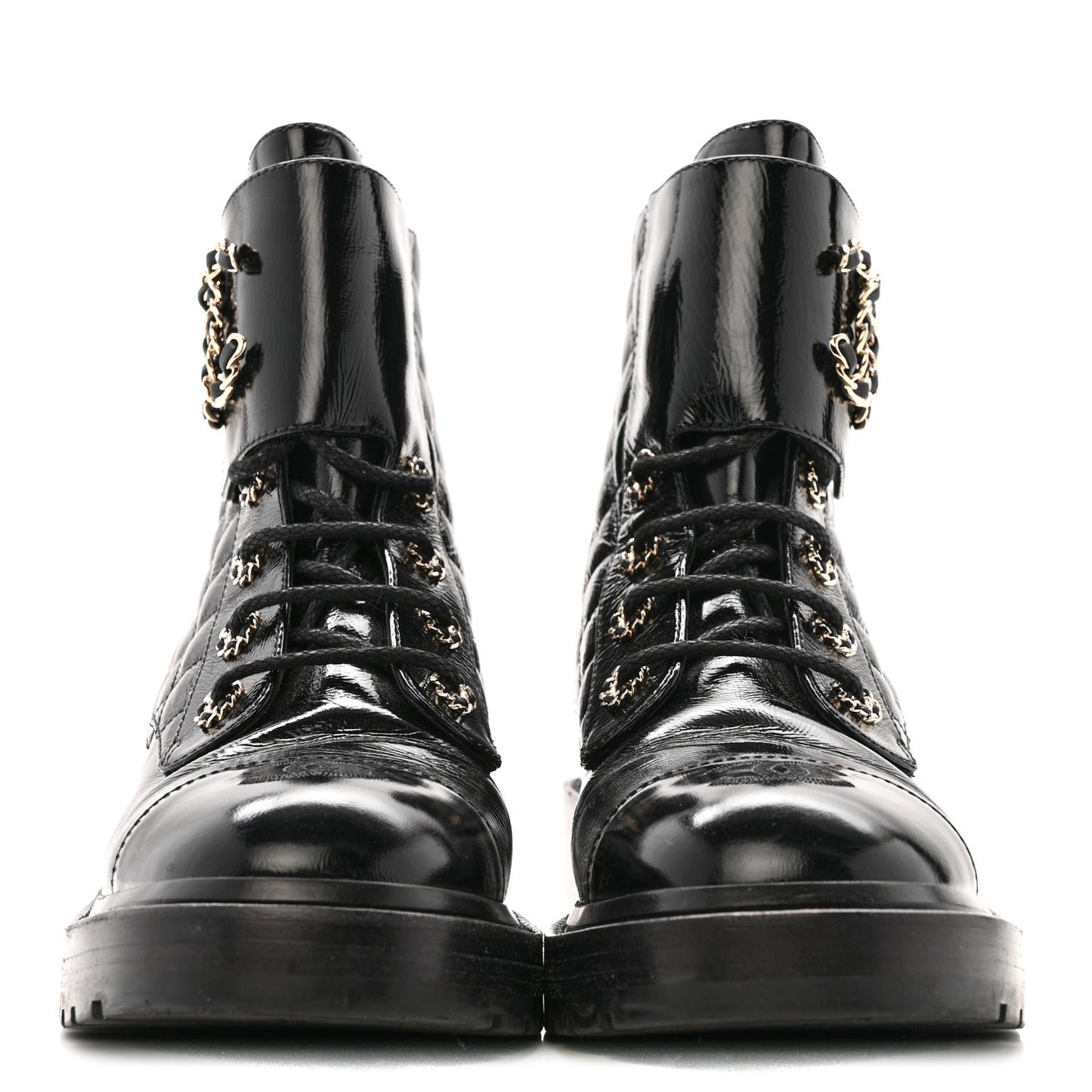 Shiny Calfskin Quilted Lace Up Combat Boots 39 Black