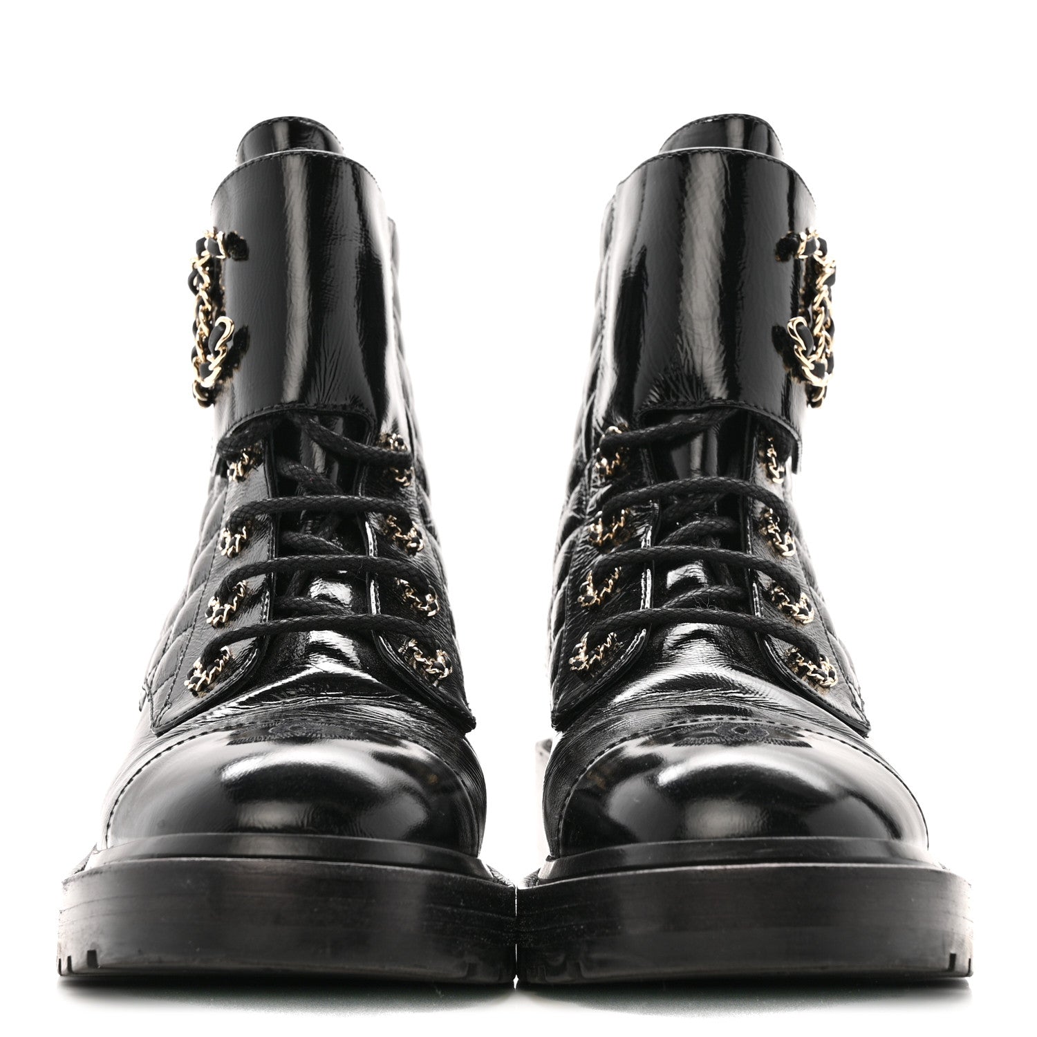 Chanel Shiny Calfskin Quilted Lace Up Combat Boots 39 Black 3 of 9