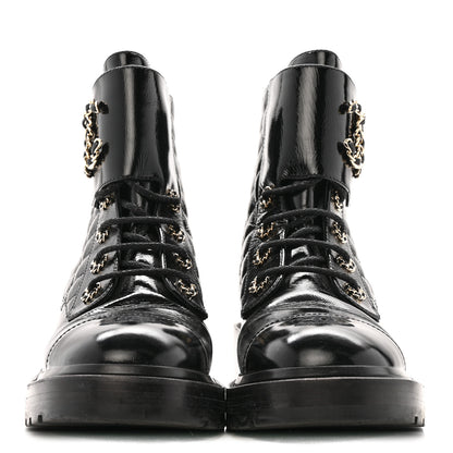 Chanel Shiny Calfskin Quilted Lace Up Combat Boots 39 Black 3 of 9