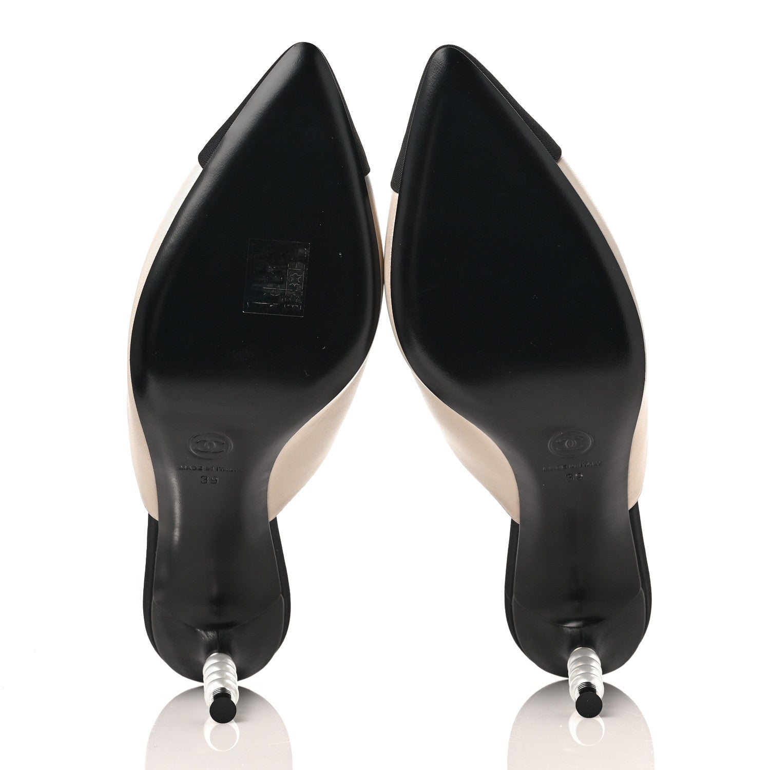 Chanel Lambskin Grosgrain Cap Toe Pearl Mule 39 Beige Black 6 of 10