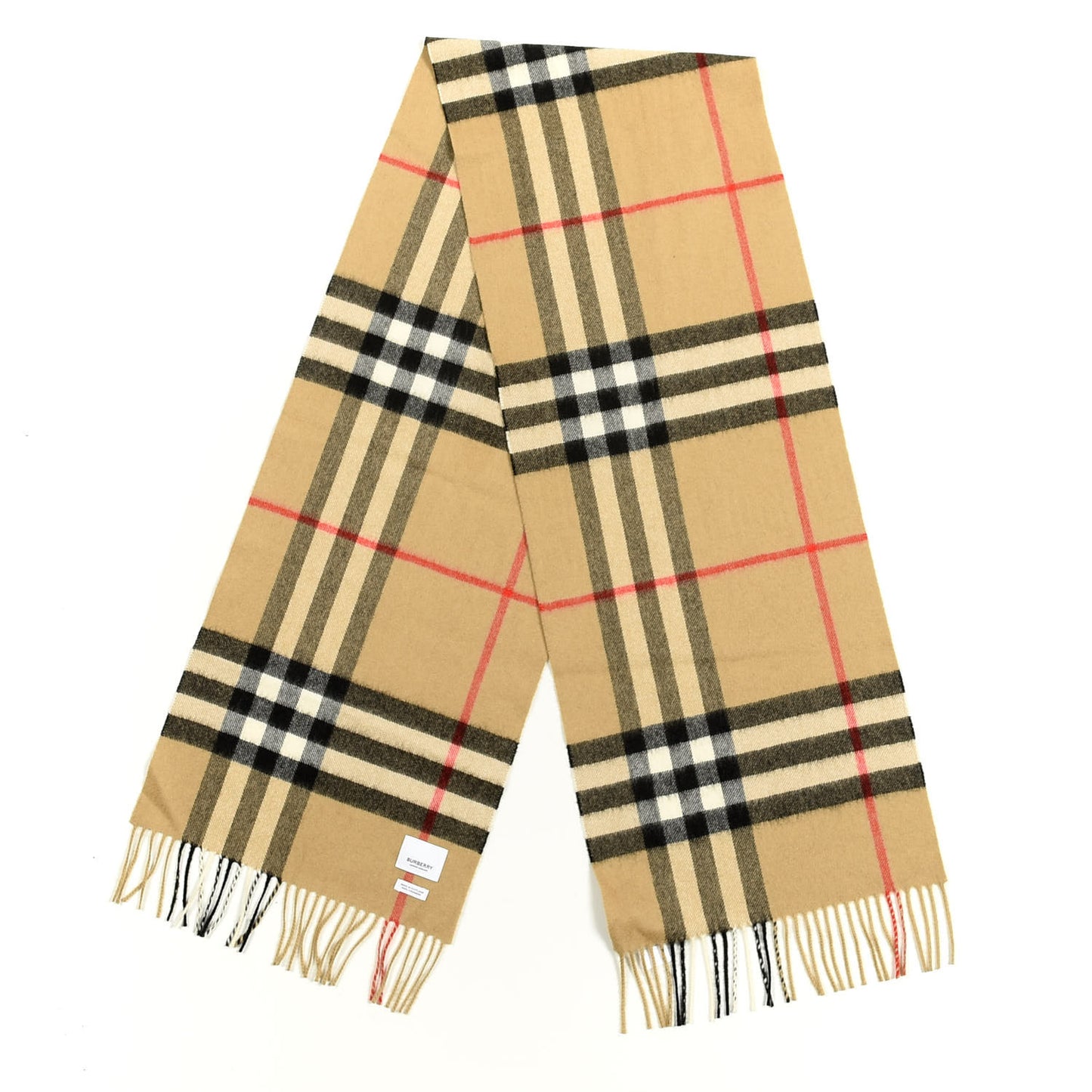 Cashmere Giant Check Fringe Scarf Camel