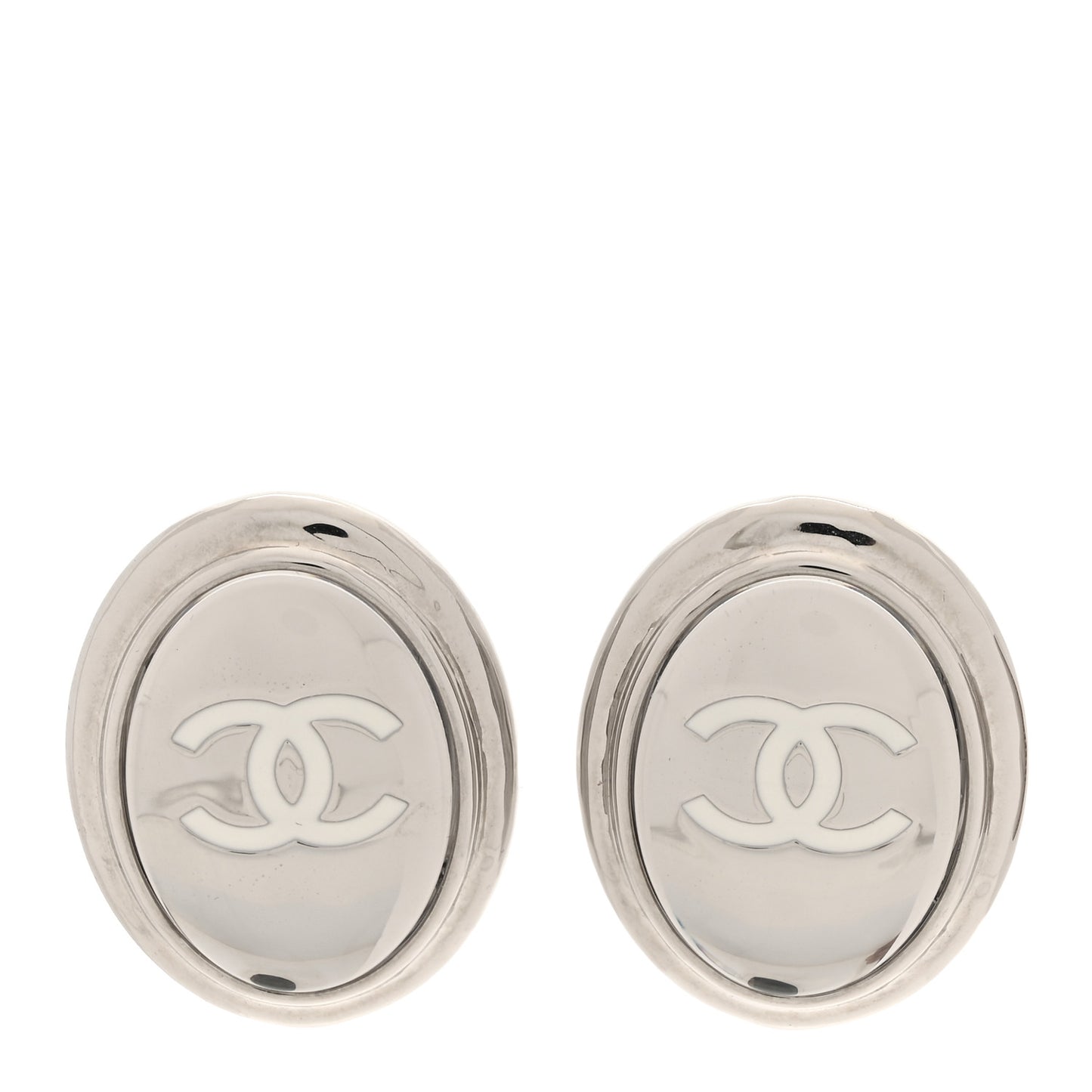 Metal Enamel CC Clip On Earrings Silver White