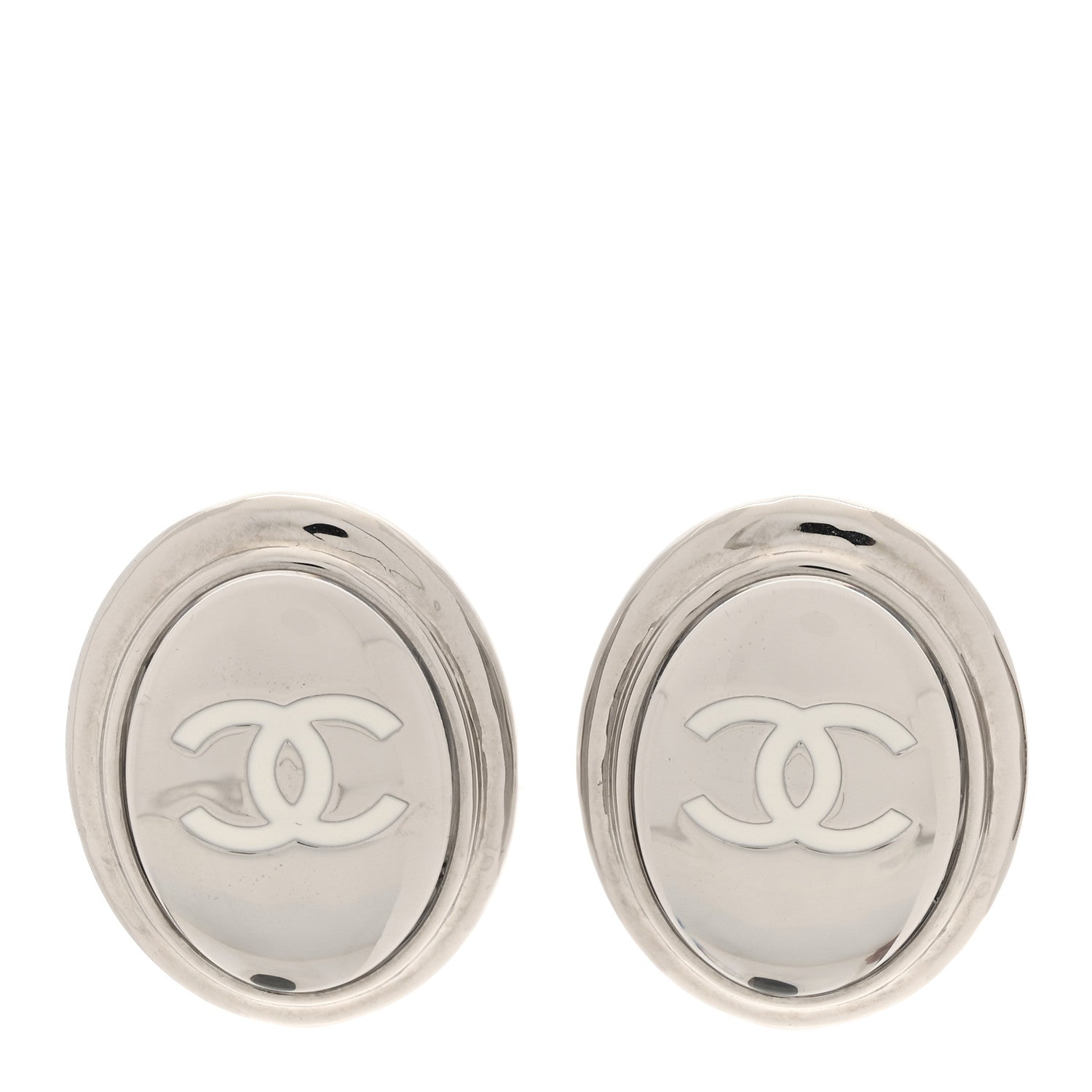 Chanel Metal Enamel CC Clip On Earrings Silver White 1 of 5