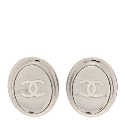 Chanel Metal Enamel CC Clip On Earrings Silver White 1 of 5