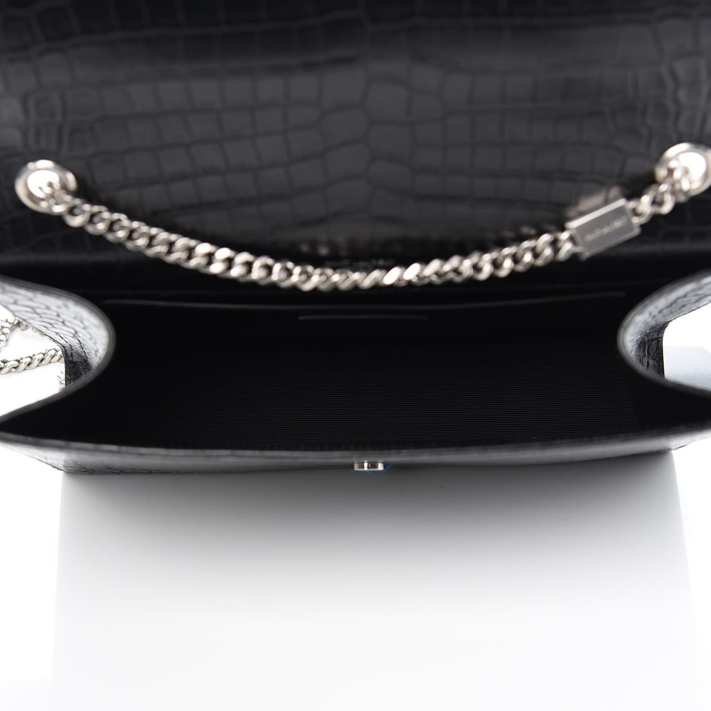 Calfskin Crocodile Embossed Large Classic Monogram Kate Satchel Black