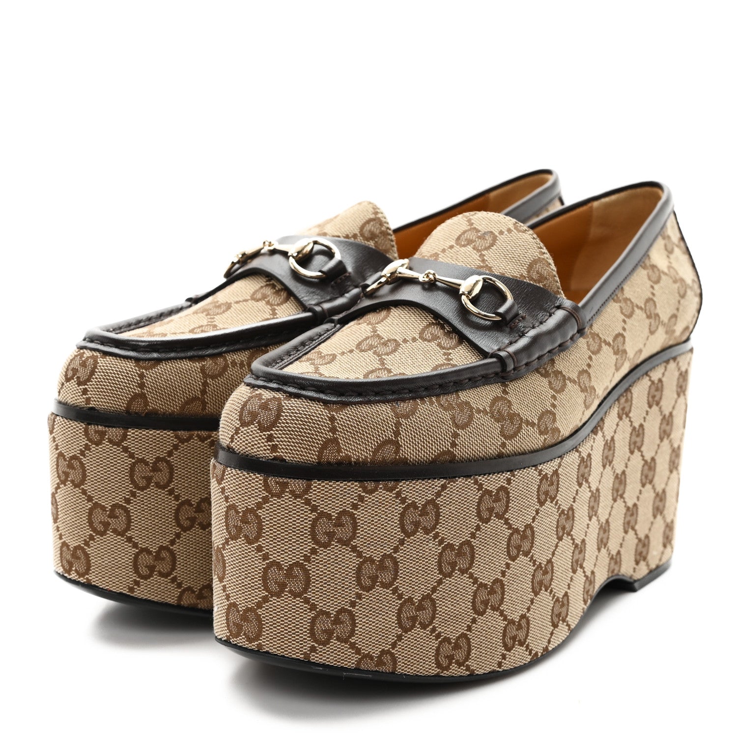 Gucci Canvas GG Monogram Horsebit Calfskin Womens Horsebit Platform Loafers 39 Beige Ebony 4 of 9