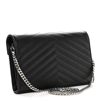 Saint Laurent Grain De Poudre Matelasse Chevron Monogram Chain Wallet Black 3 of 8