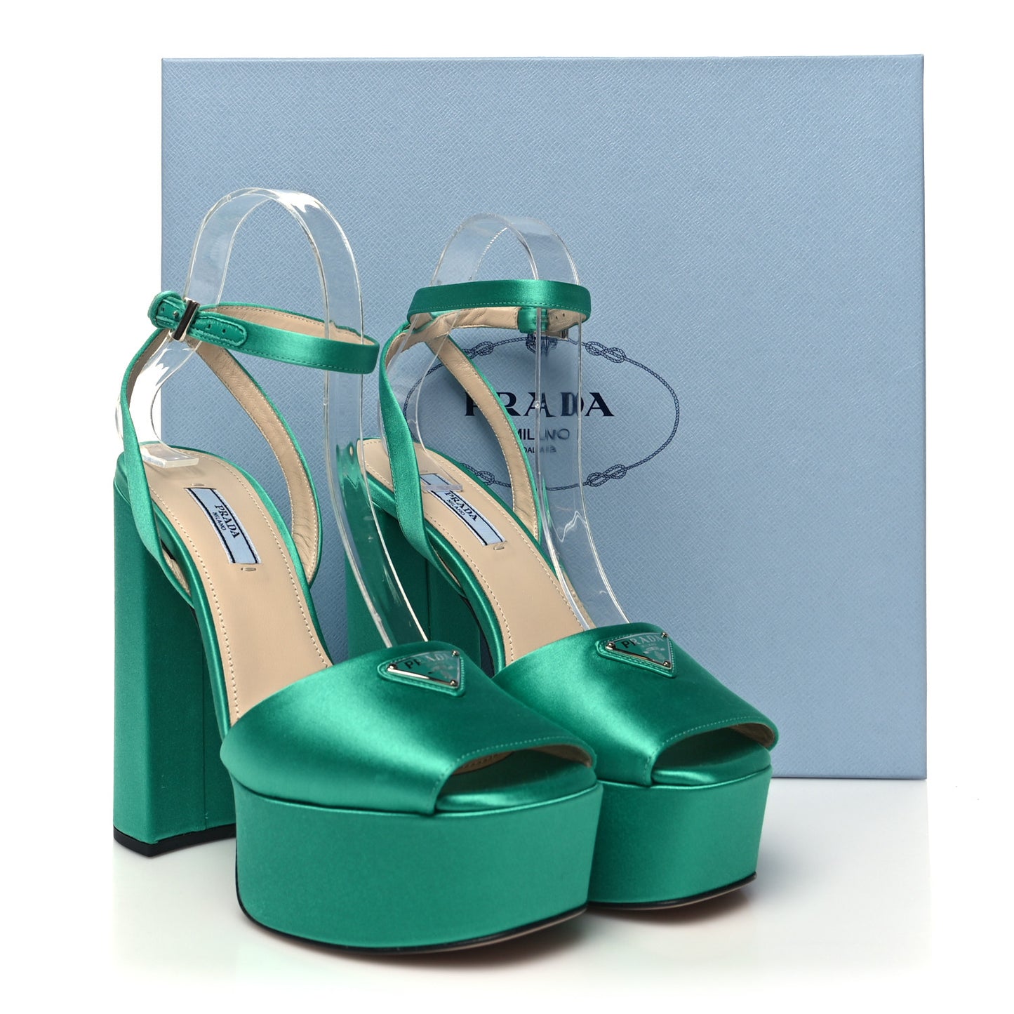 Satin Metal Triangle Logo Ankle Strap 40/135mm Platform Sandals 38 Assenzio