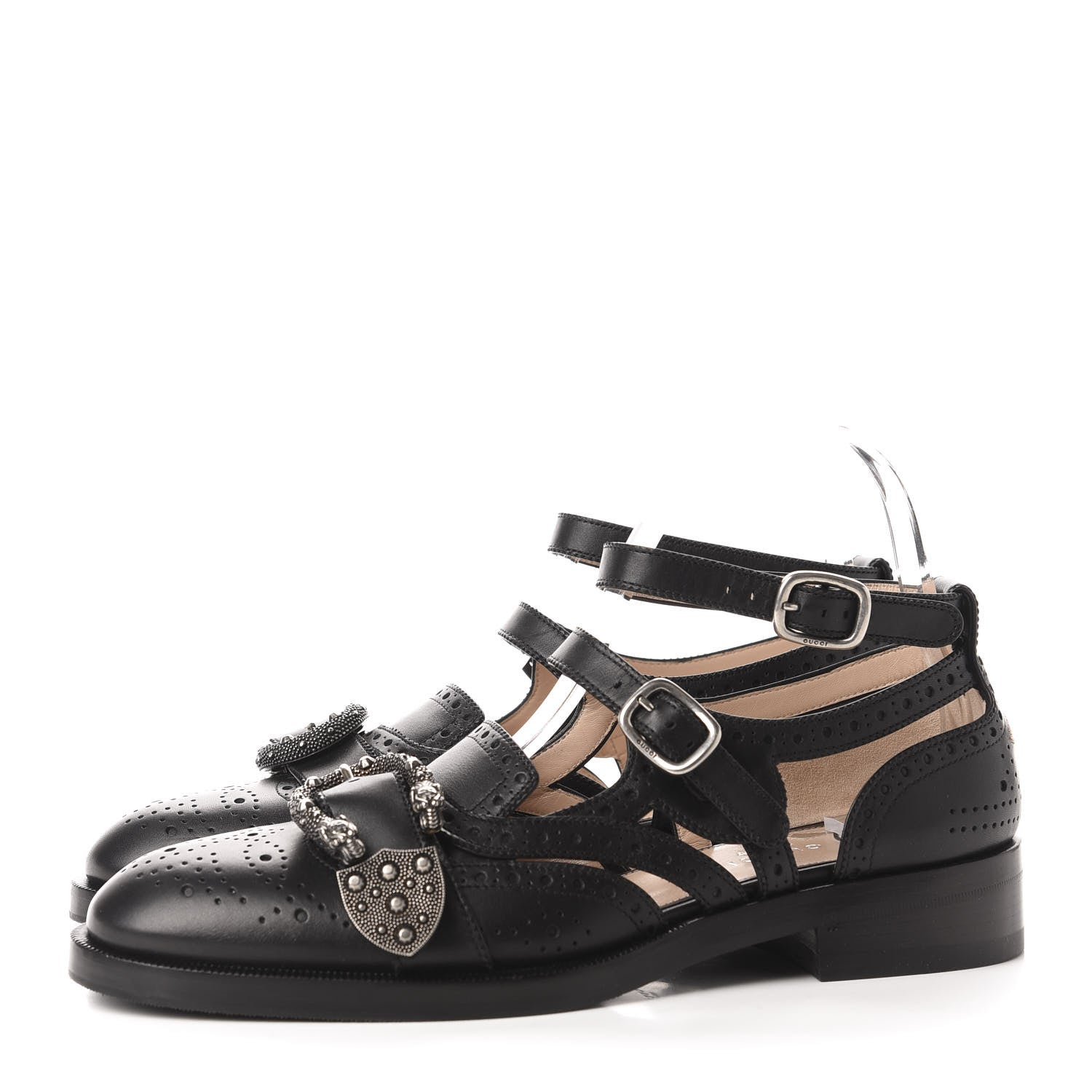 Gucci Calfskin Bee Embroidered Womens Queercore Brogue Wingtip Monk Strap Loafers 40 Black 3 of 10