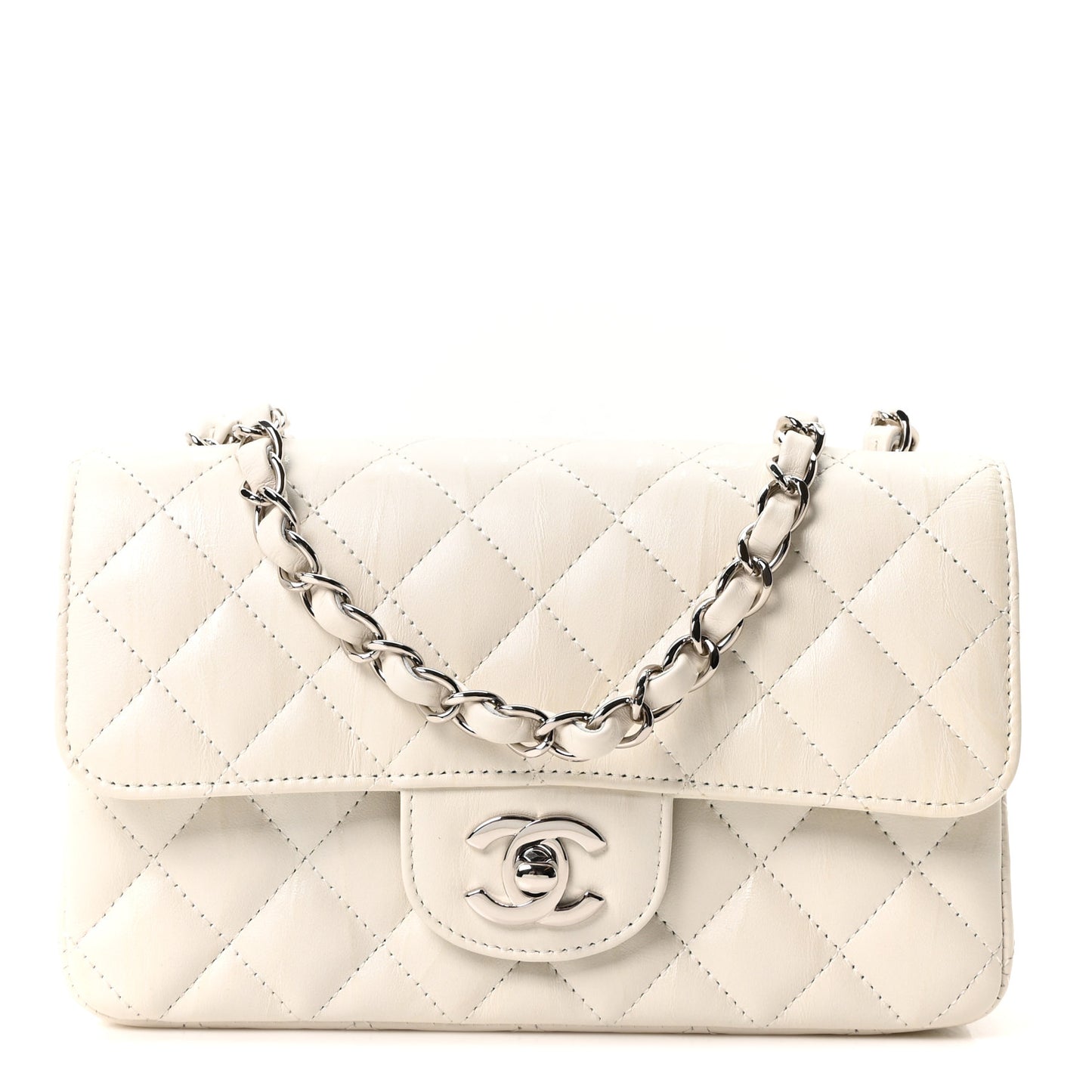 Iridescent Calfskin Quilted Mini Rectangular Flap White