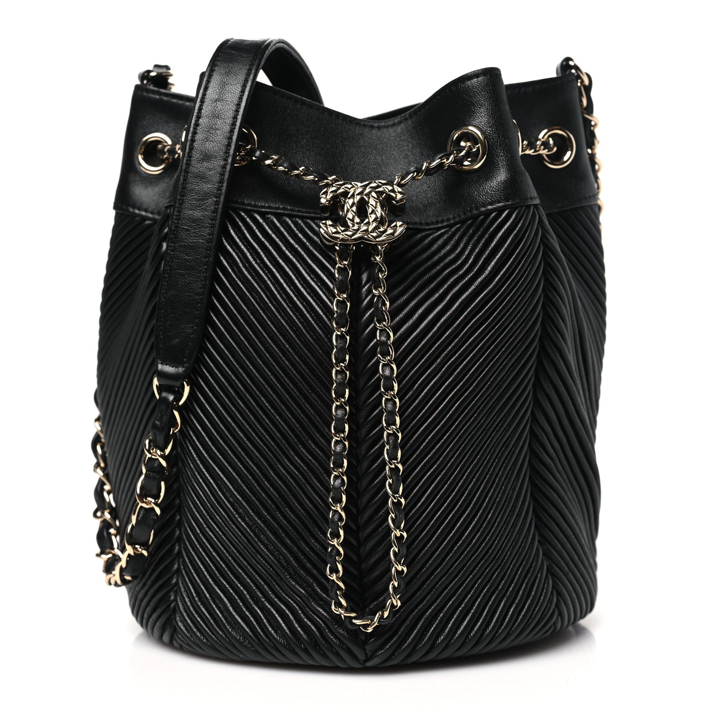 Lambskin Chevron Drawstring Bag Black