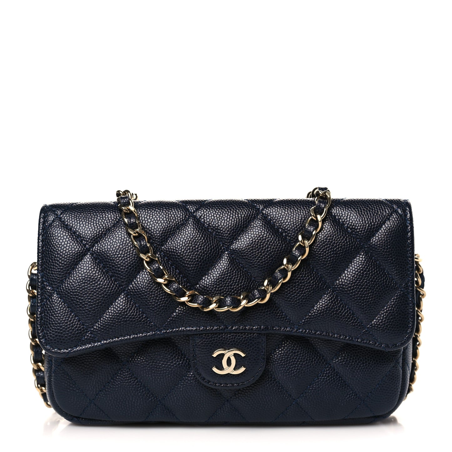 Caviar Quilted Flap Phone Holder With Chain Navy