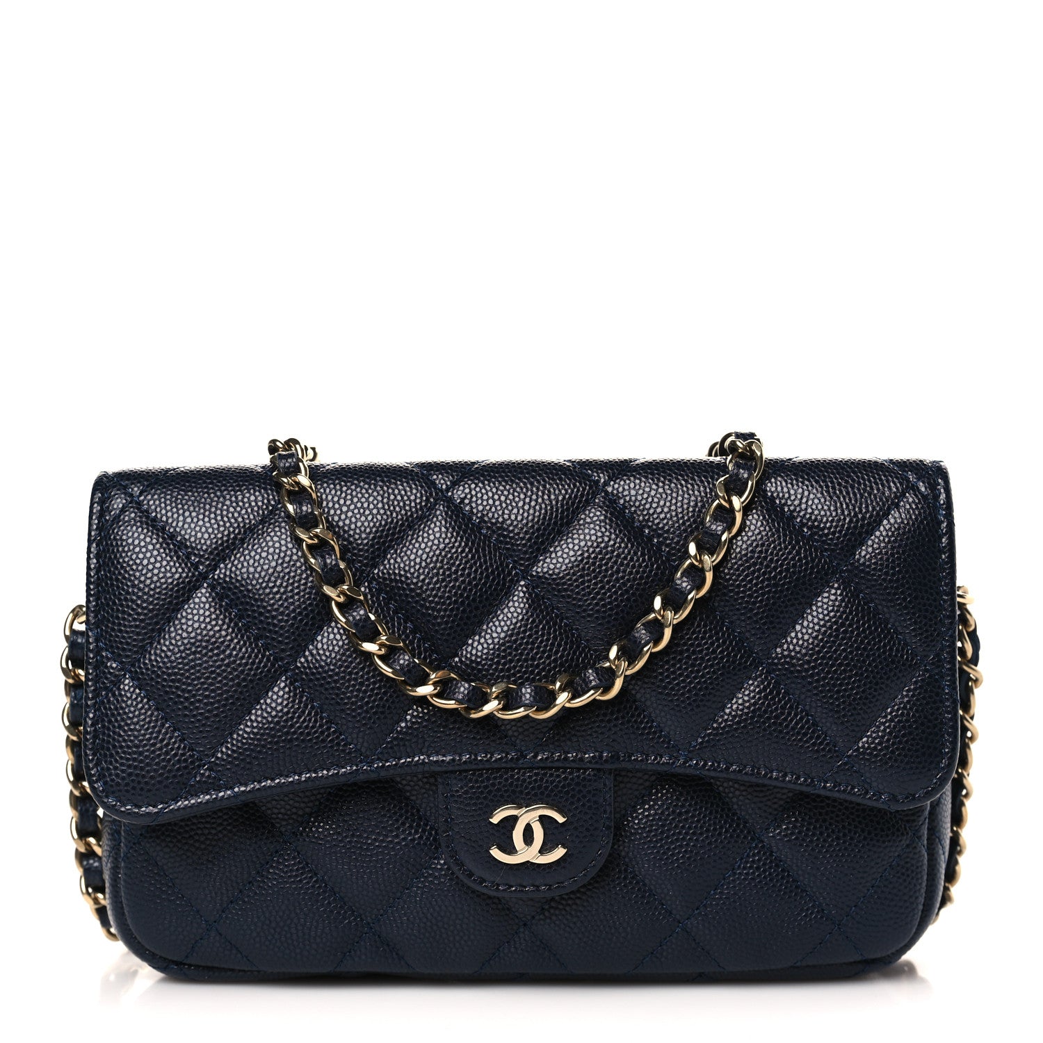 Chanel Caviar Quilted Flap Phone Holder With Chain Navy 1 of 12