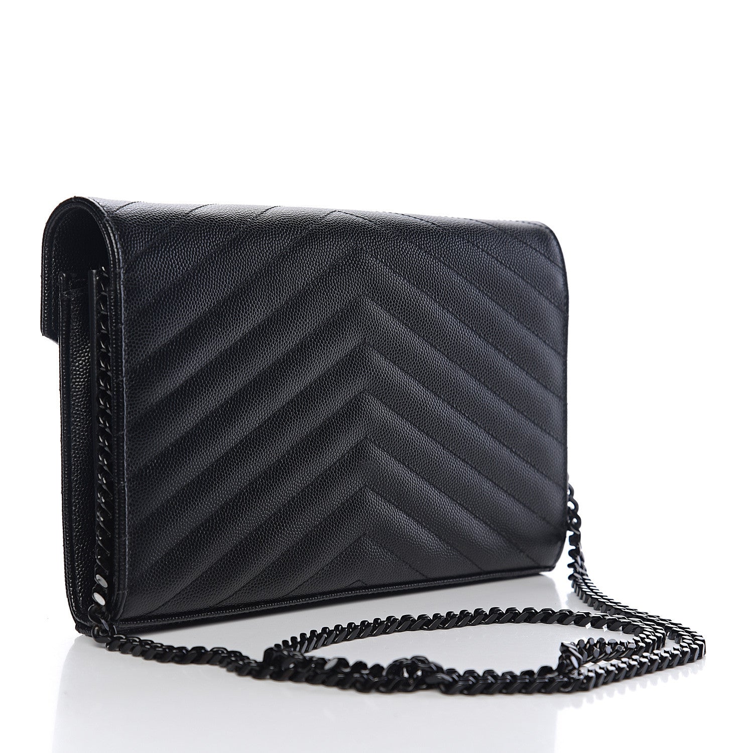 Saint Laurent Grain De Poudre Matelasse Chevron Monogram Chain Wallet Black 2 of 11