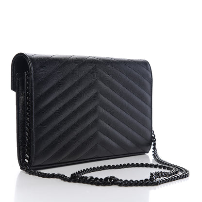 Saint Laurent Grain De Poudre Matelasse Chevron Monogram Chain Wallet Black 2 of 11