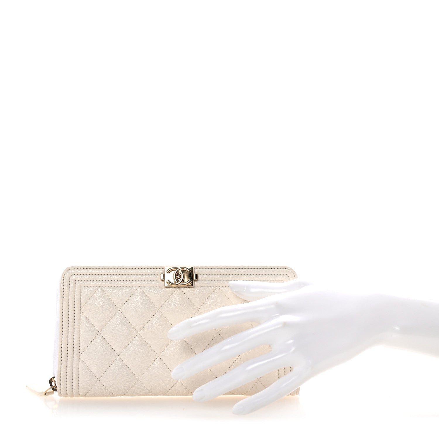 Chanel Caviar Quilted Boy Long Zip Around Wallet White 2 of 9