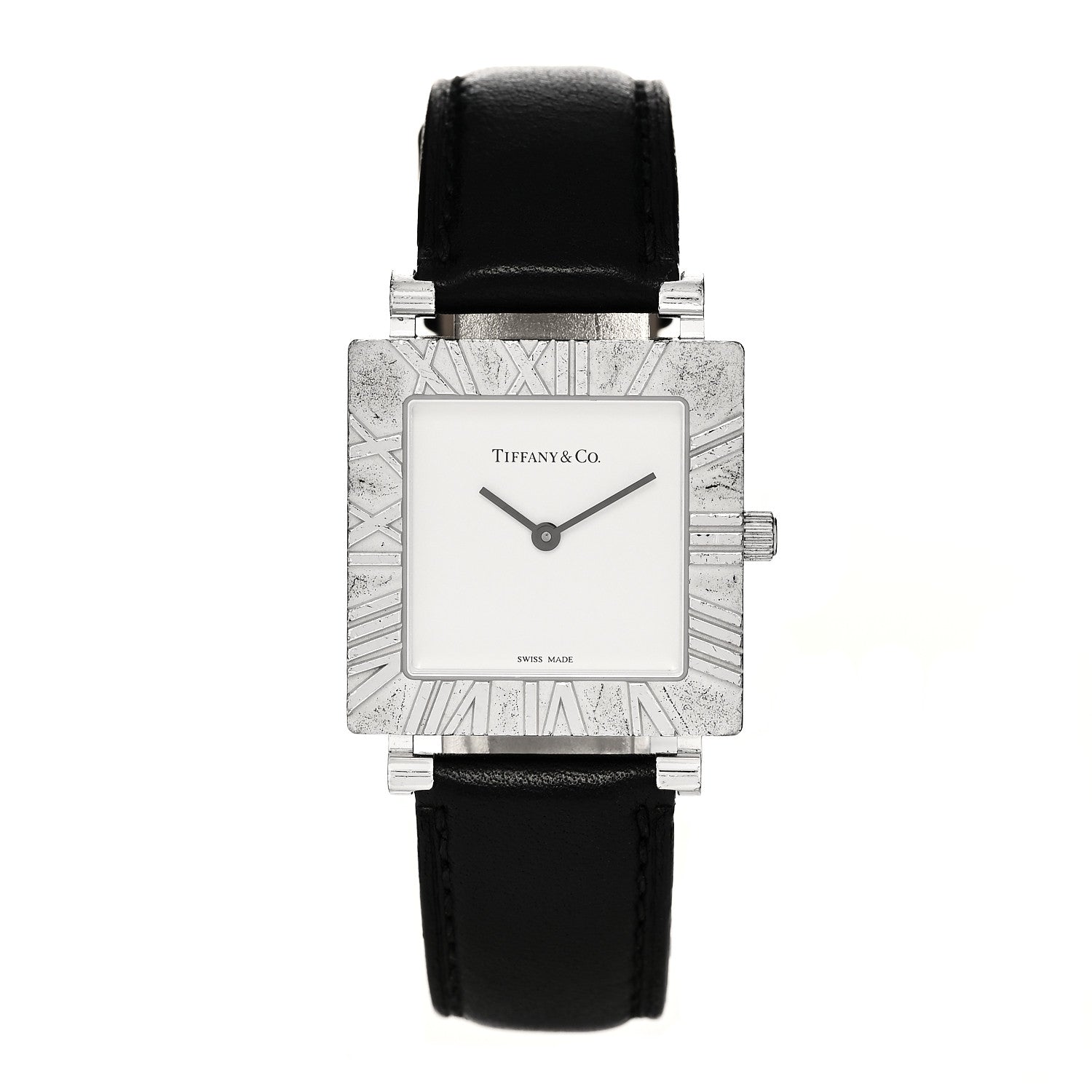Tiffany Sterling Silver Calfskin 27mm Atlas Square Quartz Watch 1 of 4