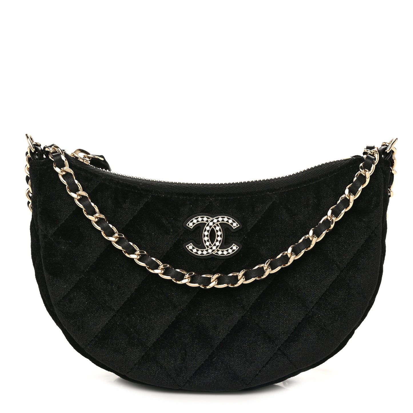 Velvet Crystal Quilted Chain Hobo Black