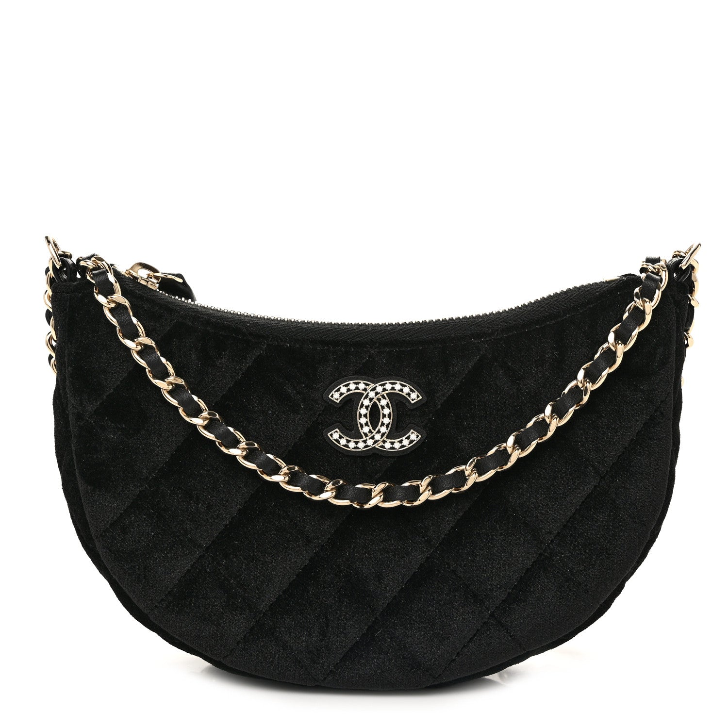 Chanel Velvet Crystal Quilted Chain Hobo Black 1 of 12
