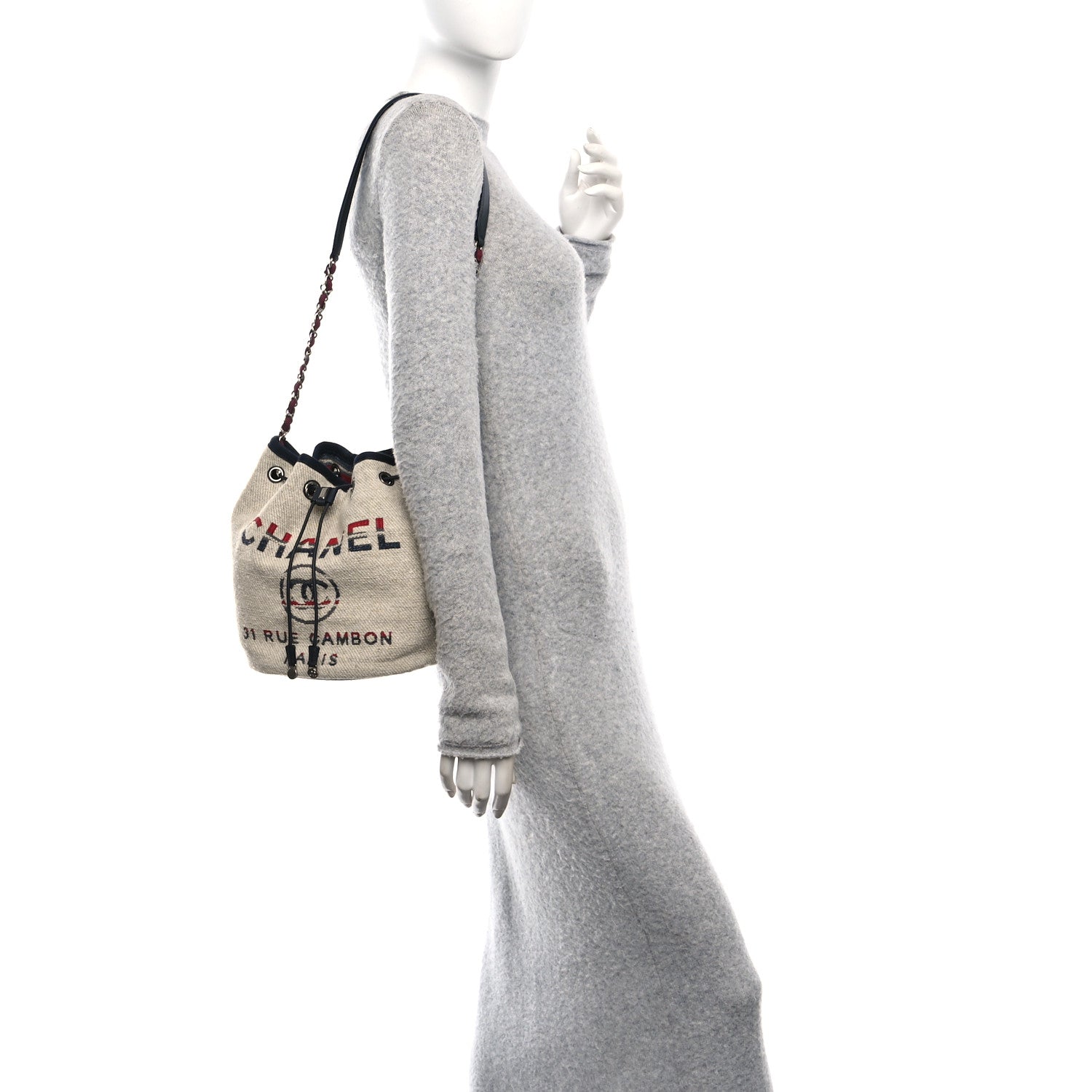 Chanel Striped Canvas Deauville Drawstring Bag Beige 2 of 10