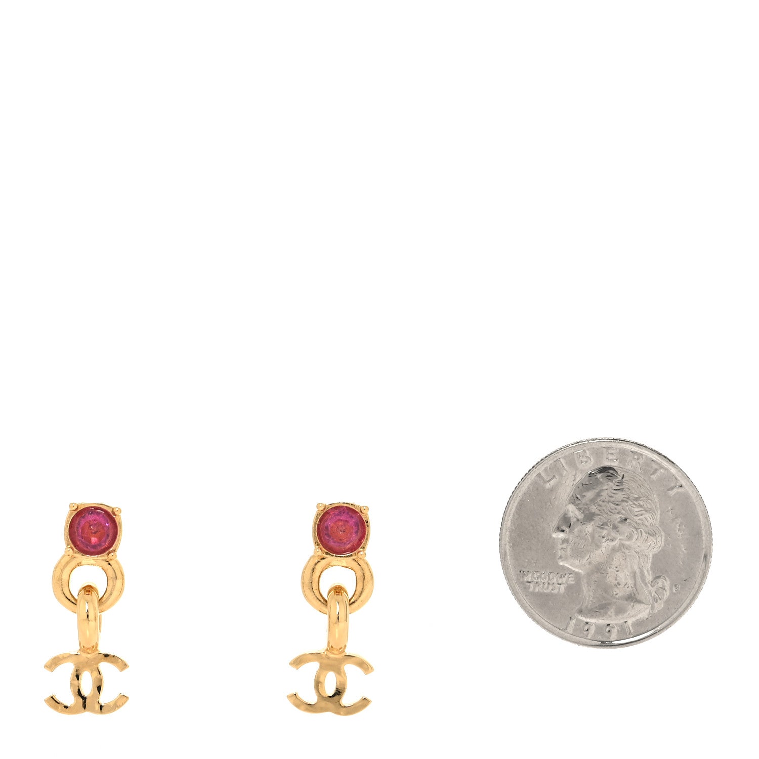 Chanel Crystal CC Drop Earrings Gold Pink 2 of 5