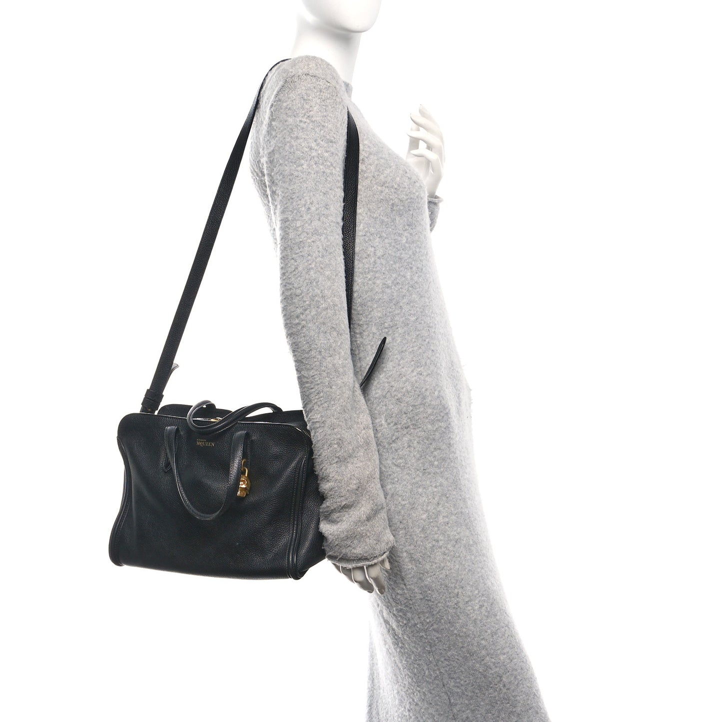 Pebbled Calfskin Small Skull Padlock Zip Around Tote Black
