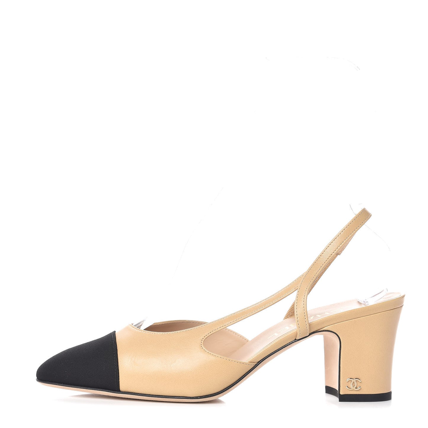 Goatskin Grosgrain Cap Toe CC Slingback Pumps 39.5 Beige Black