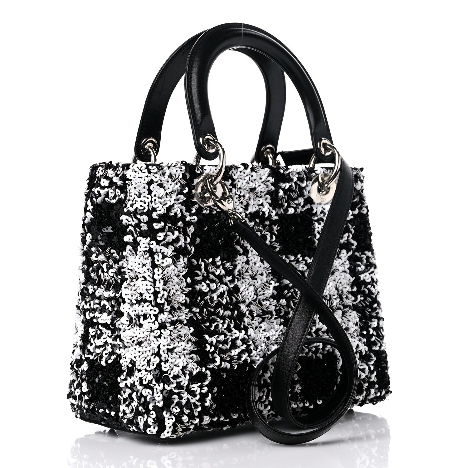 Christian Dior Lambskin Sequin Embellished Medium Lady Dior Black White 3 of 15